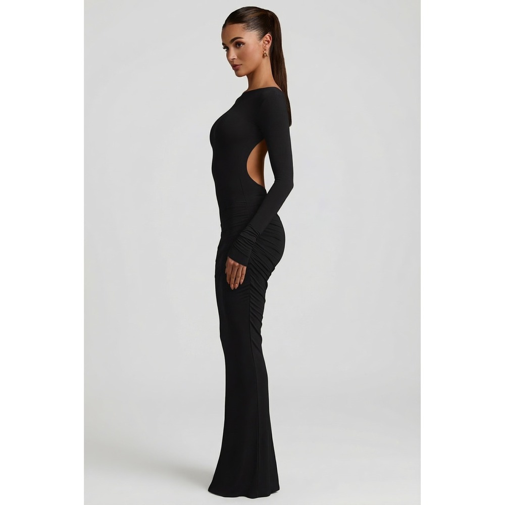 Oh Polly Black Long Sleeve Open Back Maxi Dress Ruched Modal Formal Size M NWT - Picture 3 of 10